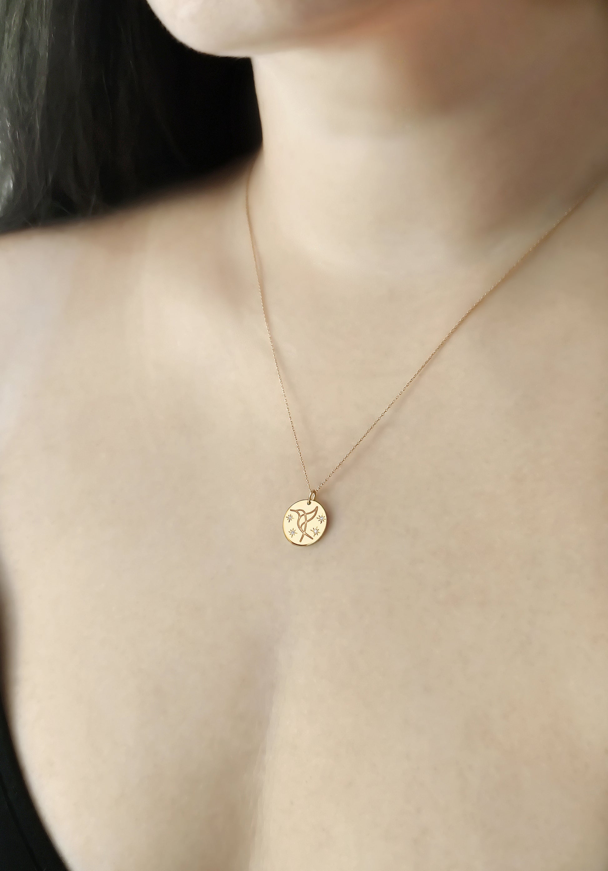 female wearing gold necklace with 14mm disc pendant engraved with a hummingbird and set with four white diamonds with a star setting