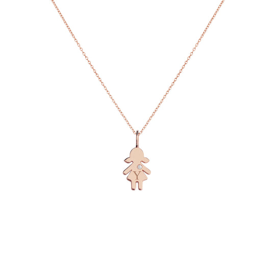 solid rose gold necklace with tiny girl outline charm engraved with a monogram and set with tiny diamond