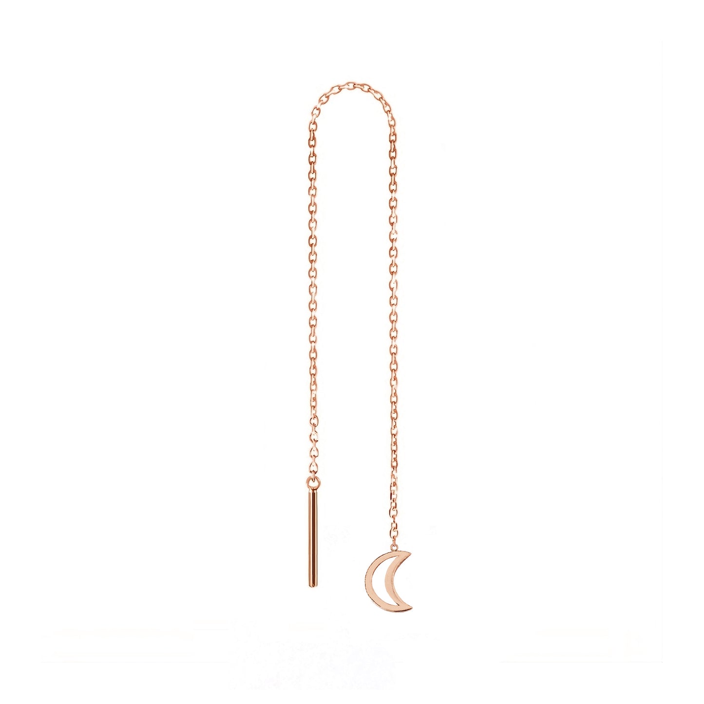 solid rose gold single threader pull through earring with tiny a crescent moon