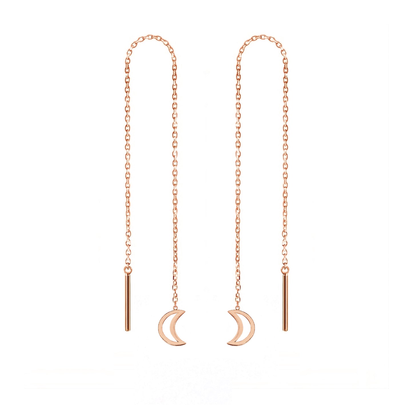 pair of solid rose gold threader pull through earrings with tiny crescent moons