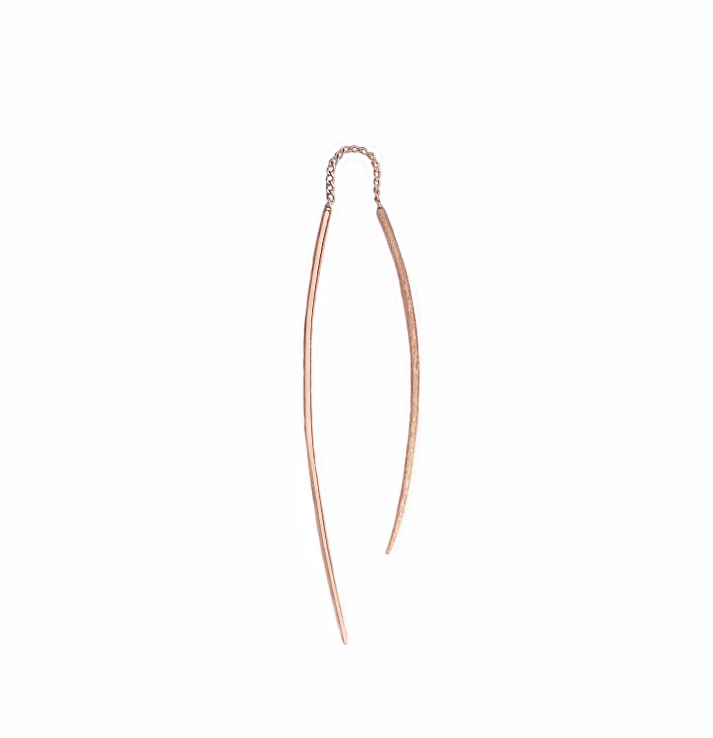 solid rose gold single swing threader earring with one matte curved bar and one longer polished curved bar