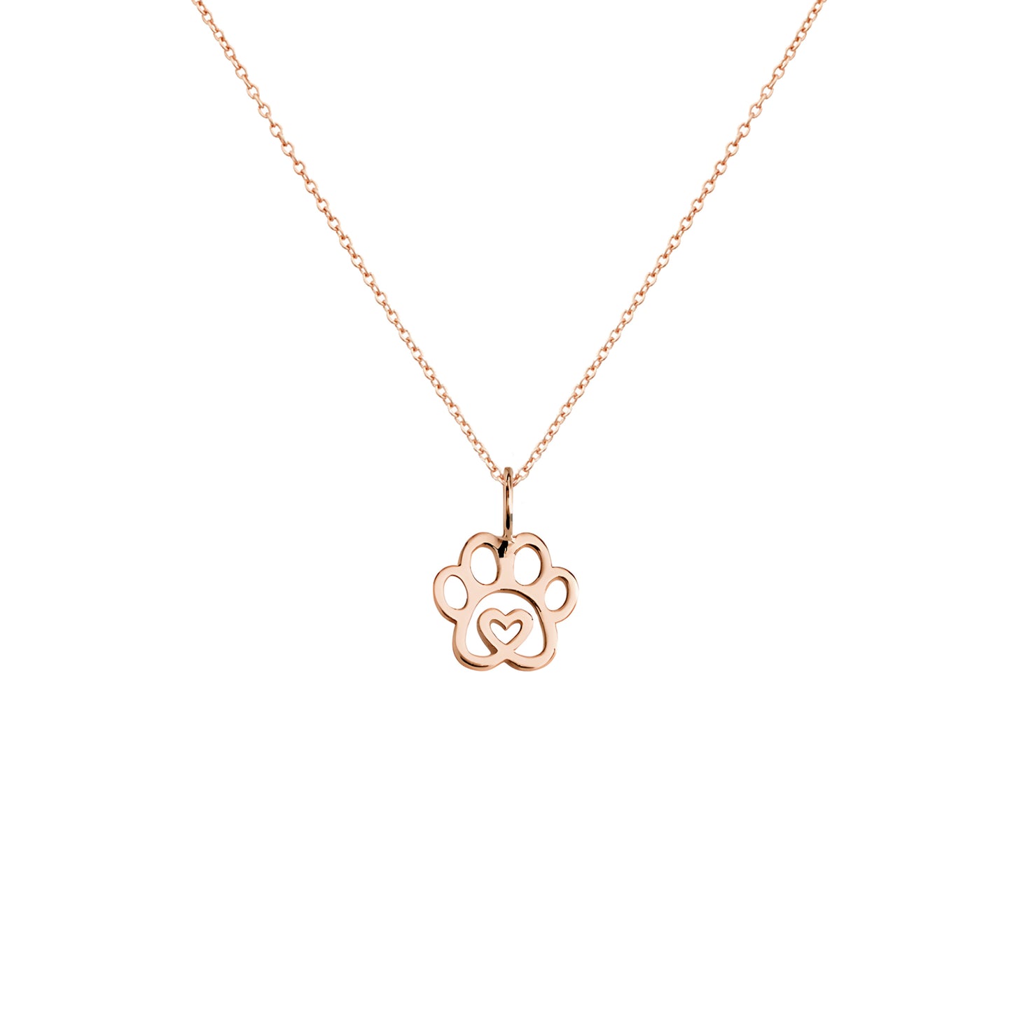 solid rose gold necklace with a tiny dog paw print pendant with a heart in the center