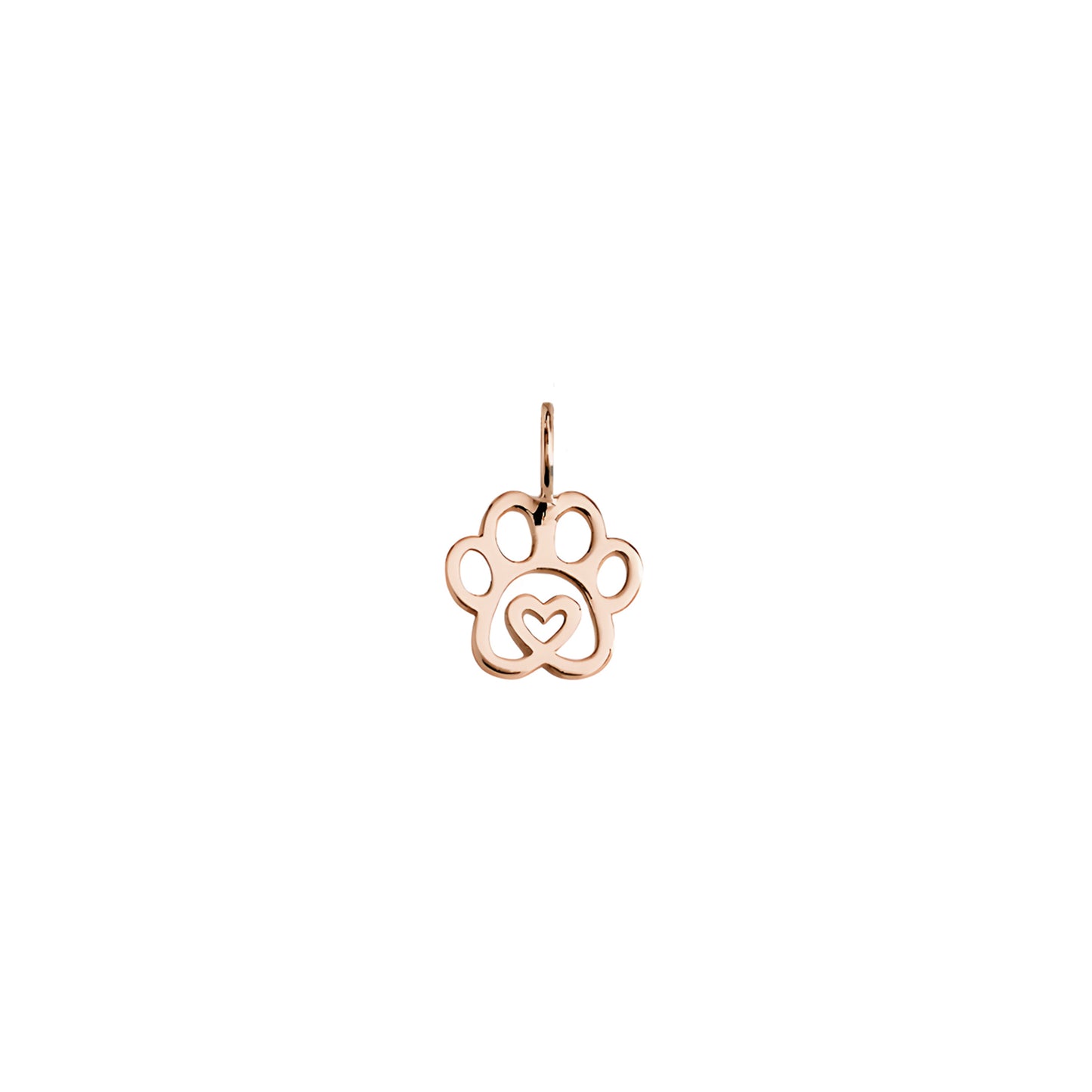 tiny solid rose gold dog paw print pendant with a heart in the center