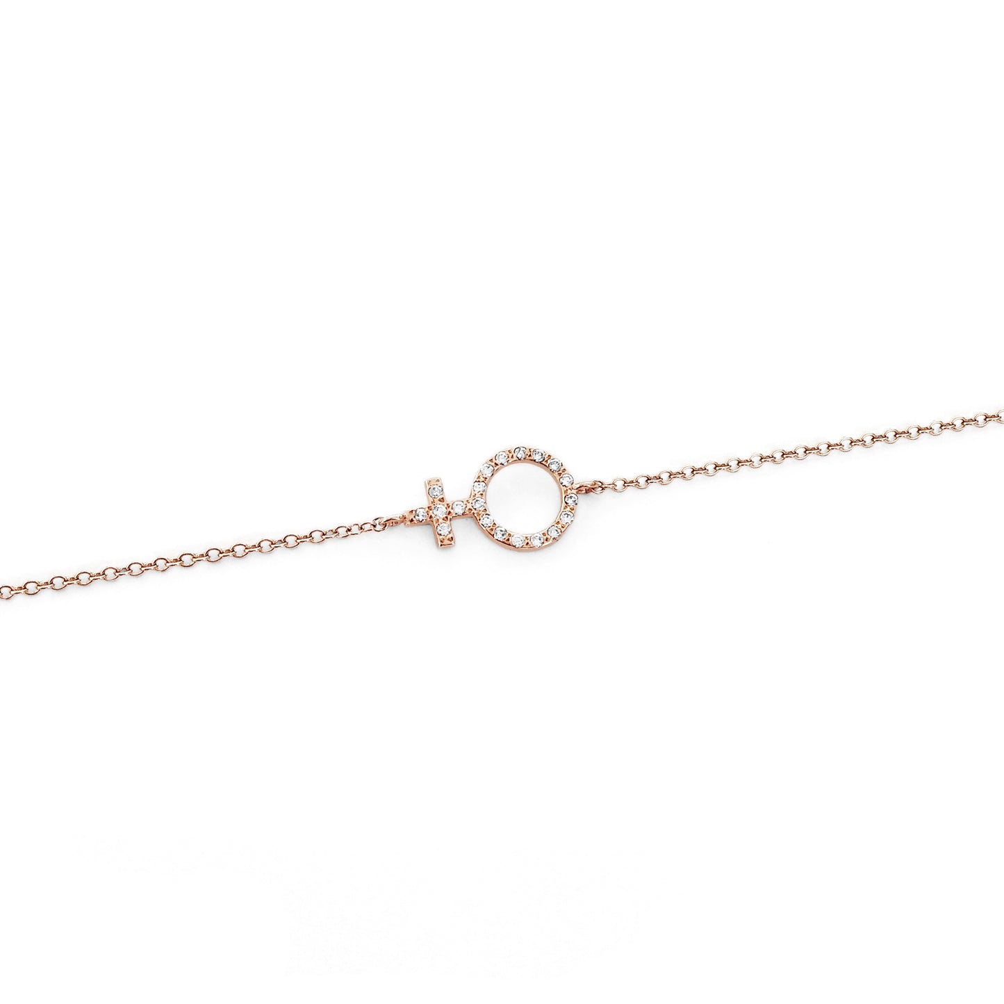 solid rose gold bracelet with a venus female symbol charm set with tiny diamonds