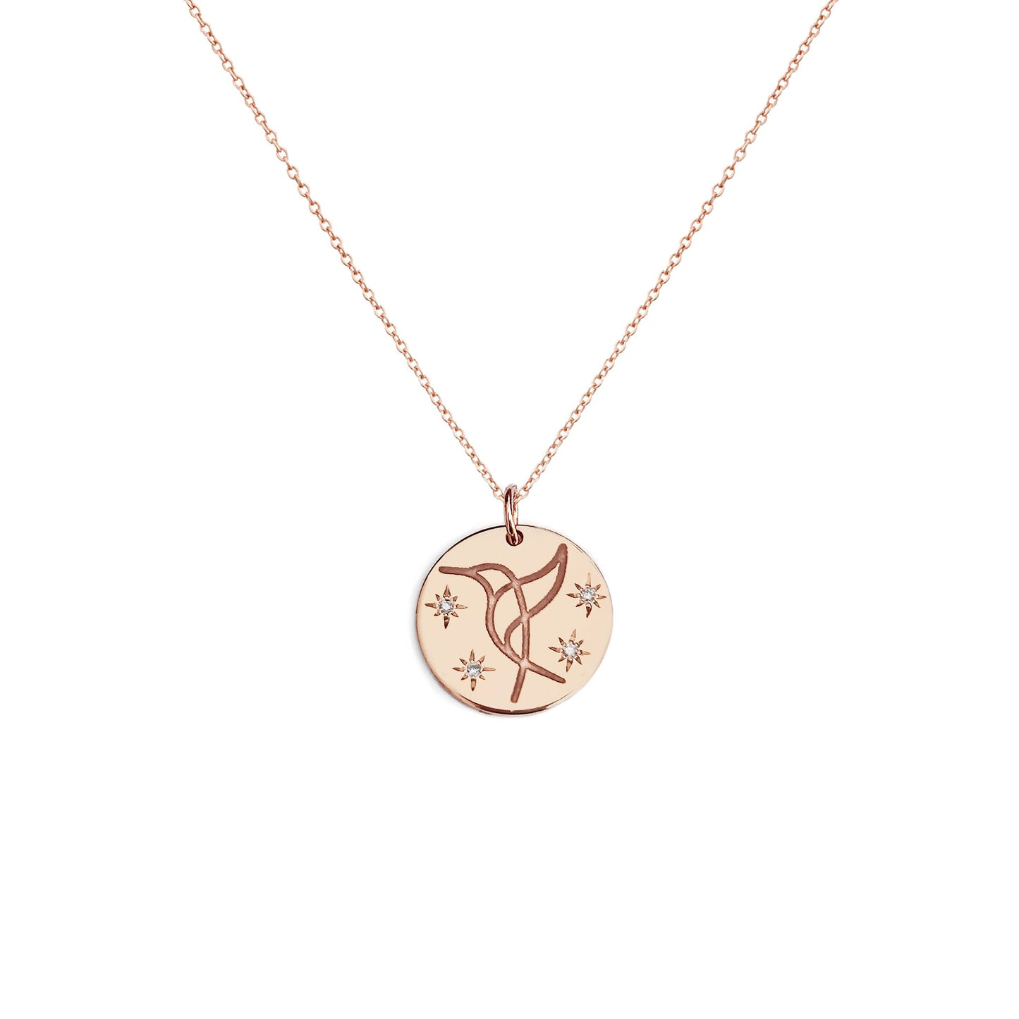 solid rose gold necklace with 14mm disc pendant engraved with a hummingbird and set with four white diamonds with a star setting