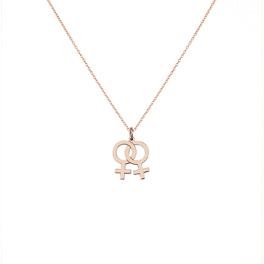 solid rose gold necklace with a small double female/venus lesbian symbol pendant