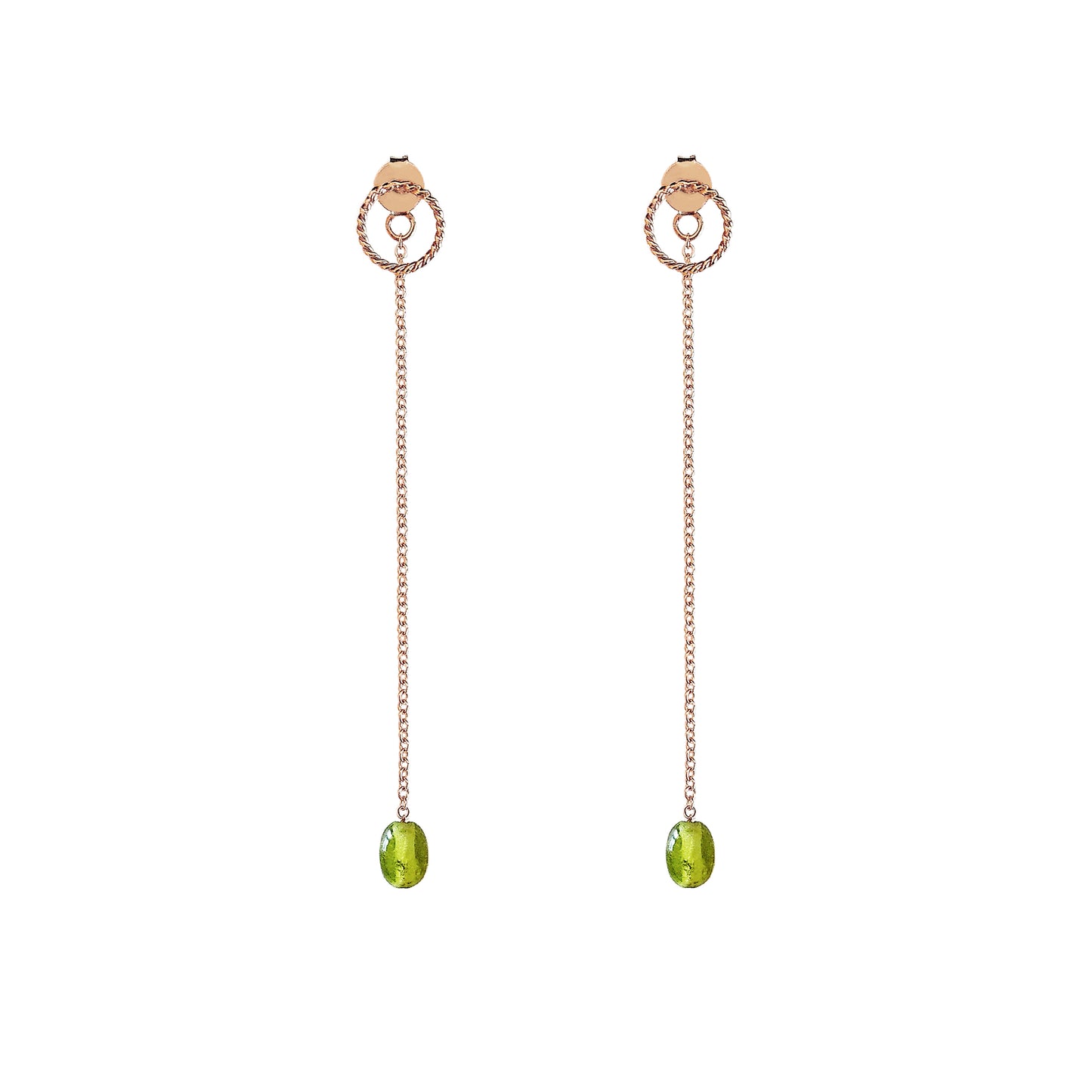 pair of solid rose gold jacket earrings with a small twisted circle stud on the front and a long chain with a peridot bead at the end dangling on the back