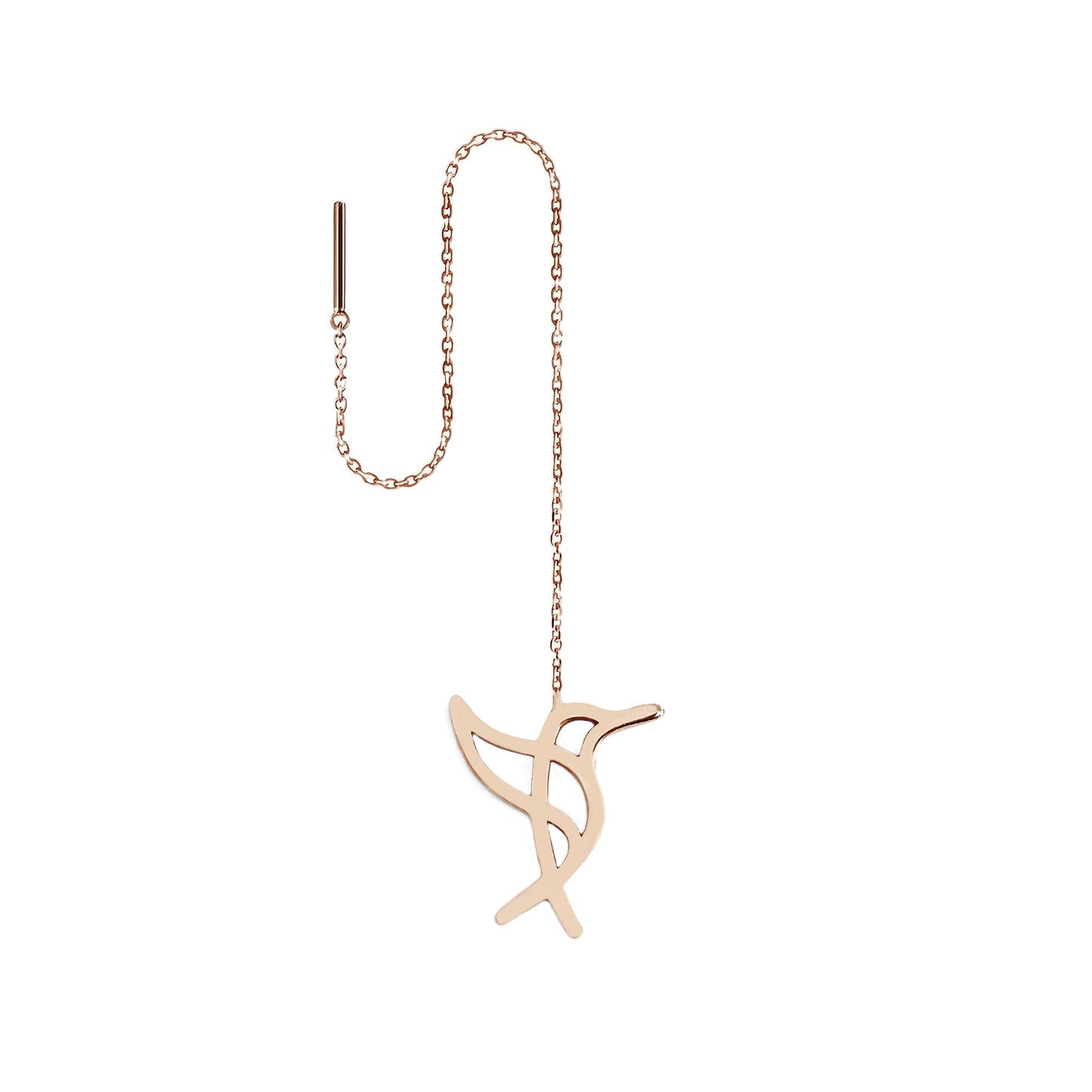 Solid rose gold hummingbird single threader earring on a white background