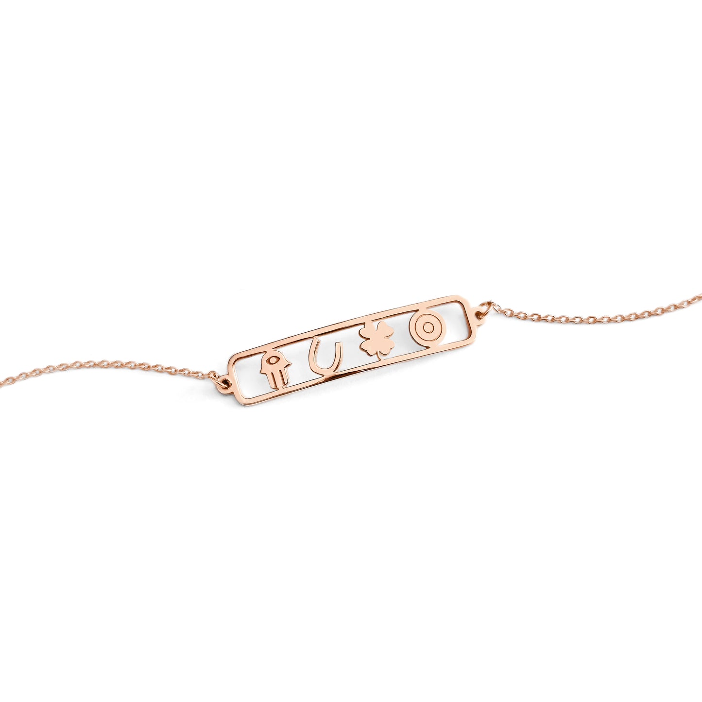 open bar bracelet with four lucky charms, a hamsa, a horseshoe, a clover and an evil eye made in solid rose gold