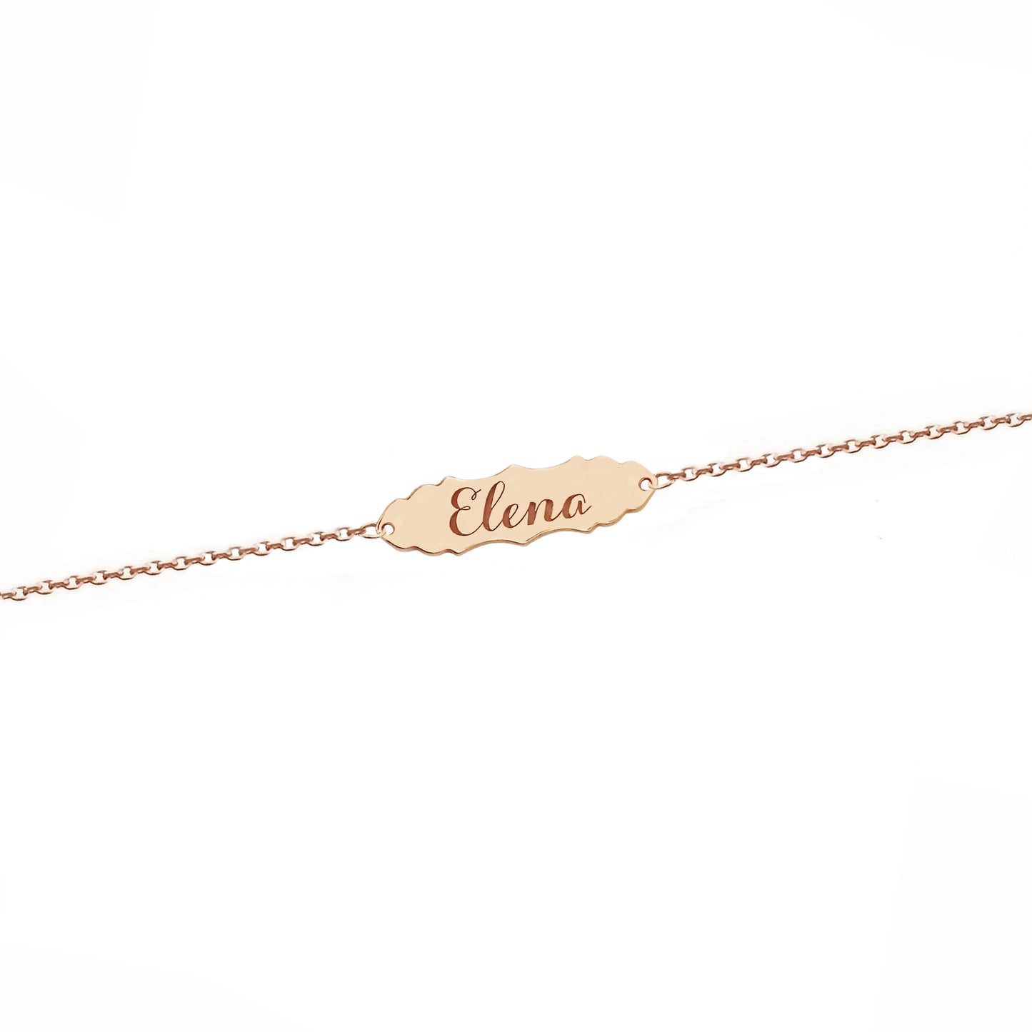 solid rose gold bracelet with a vintage baroque inspired bar engraved with a name