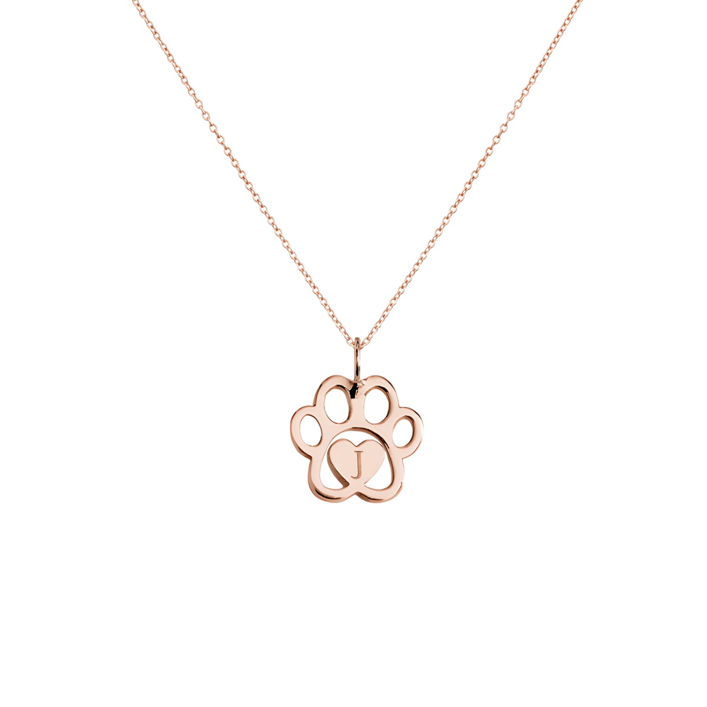 solid rose gold necklace with a dog paw print pendant engraved with a monogram