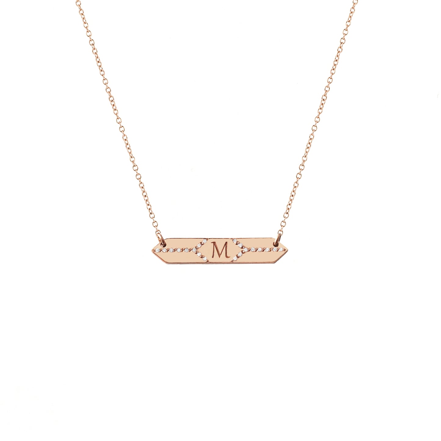 solid rose gold hexagon bar necklace set with white diamonds and engraved with a custom initial/monogram in the center