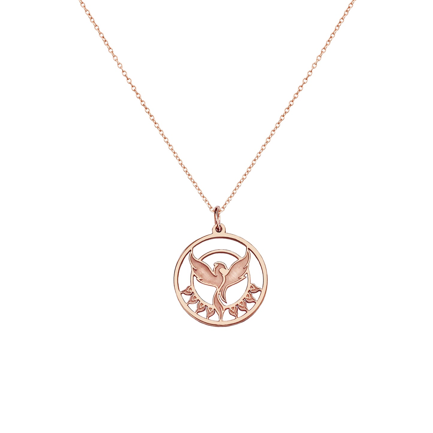 solid rose gold necklace with a cutout phoenix rising pendant with tiny flames 15.4mm diameter