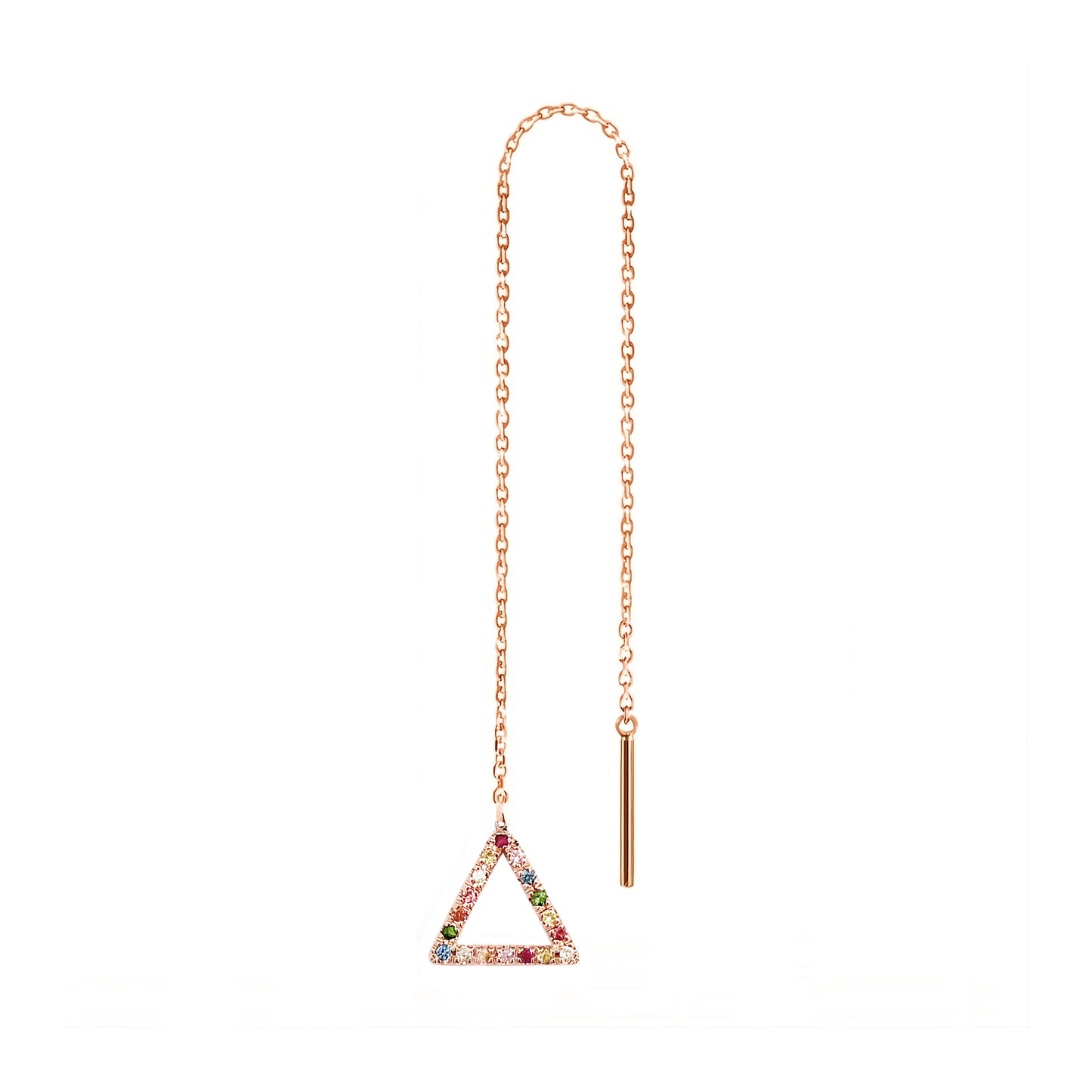 solid rose gold single threader earring with a small triangle at the end set with rainbow sapphires