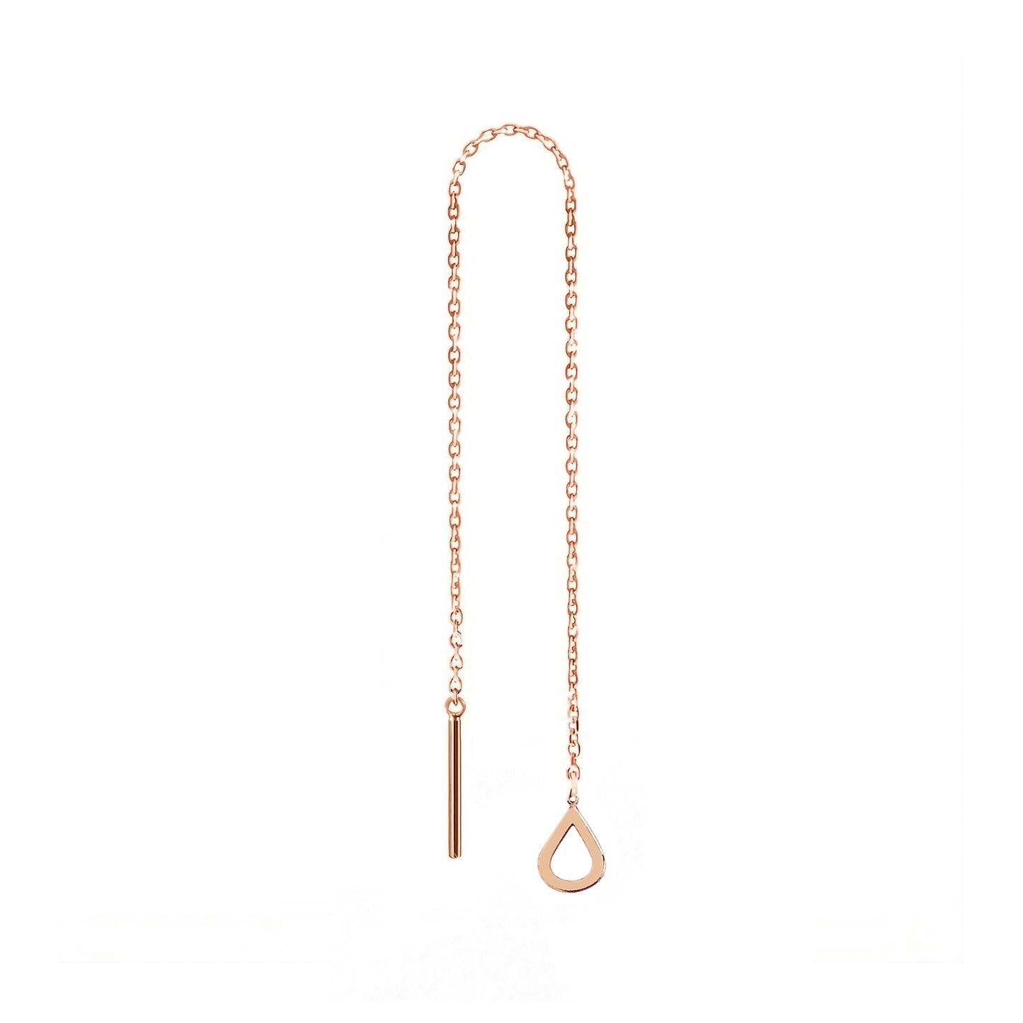 solid rose gold single threader pull through earring with a tiny teardrop