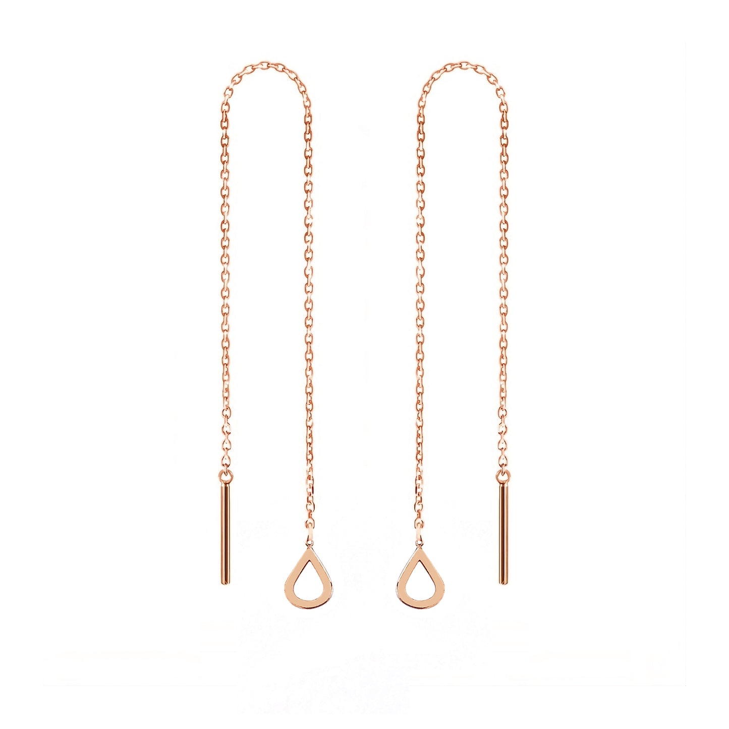 pair of solid rose gold threader pull through earrings with tiny teardrops