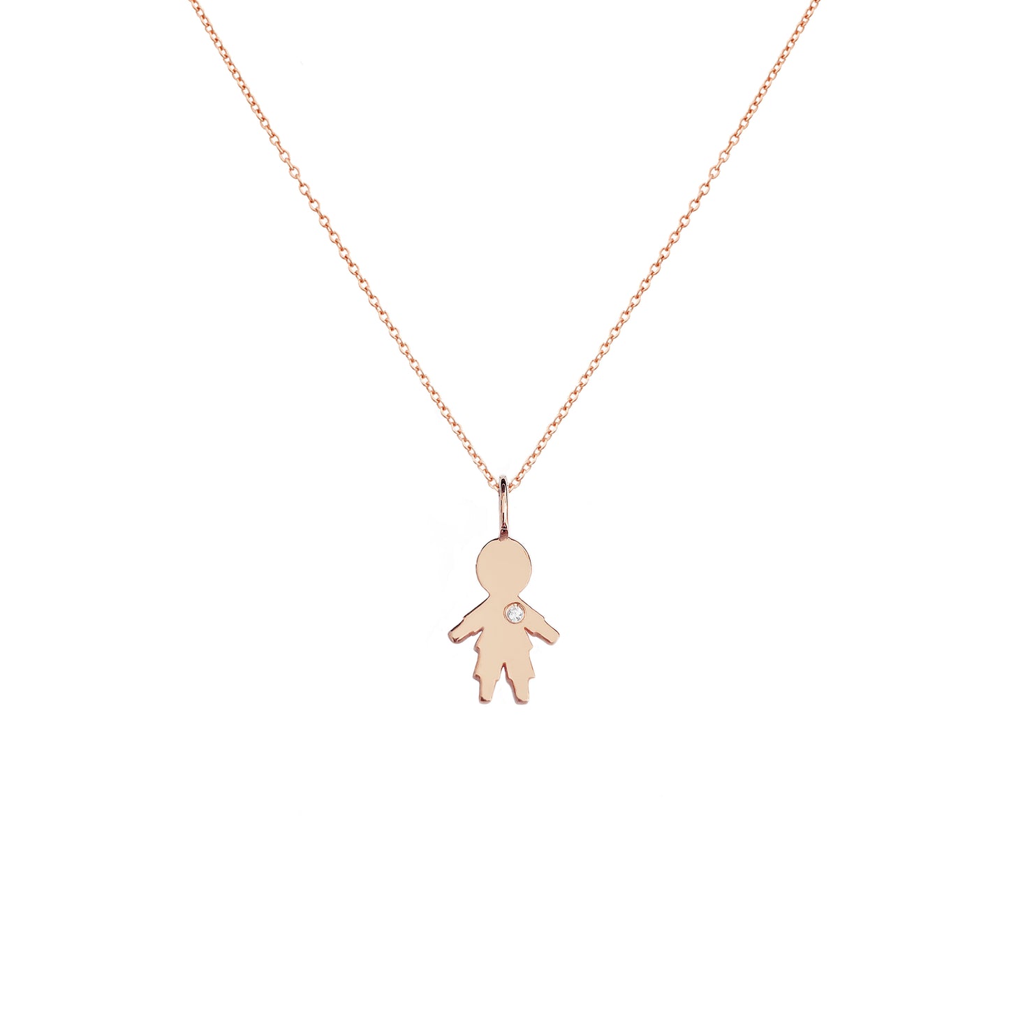 solid rose gold necklace with tiny boy outline charm set with tiny diamond
