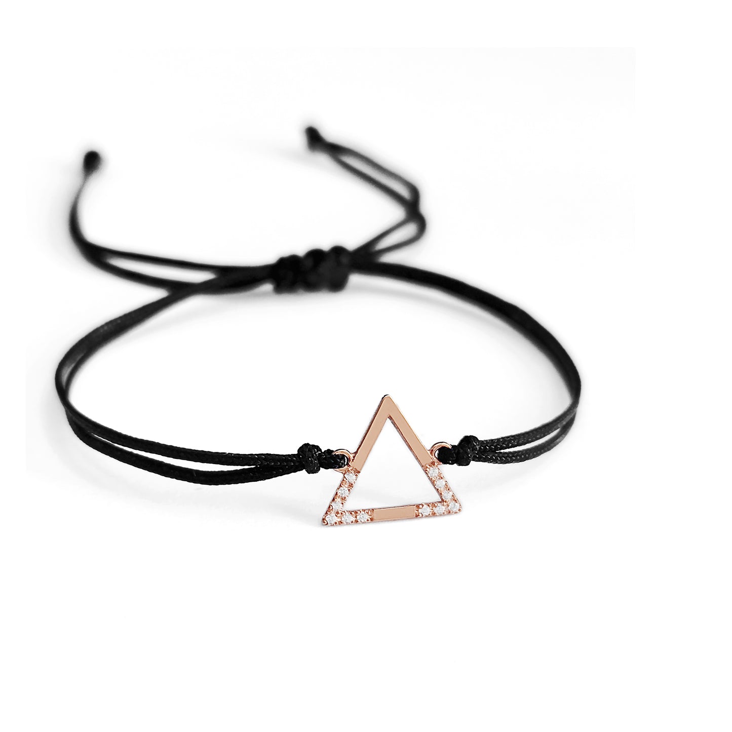 solid rose gold macrame bracelet with a small triangle charm set with 12 white diamonds on its two corners