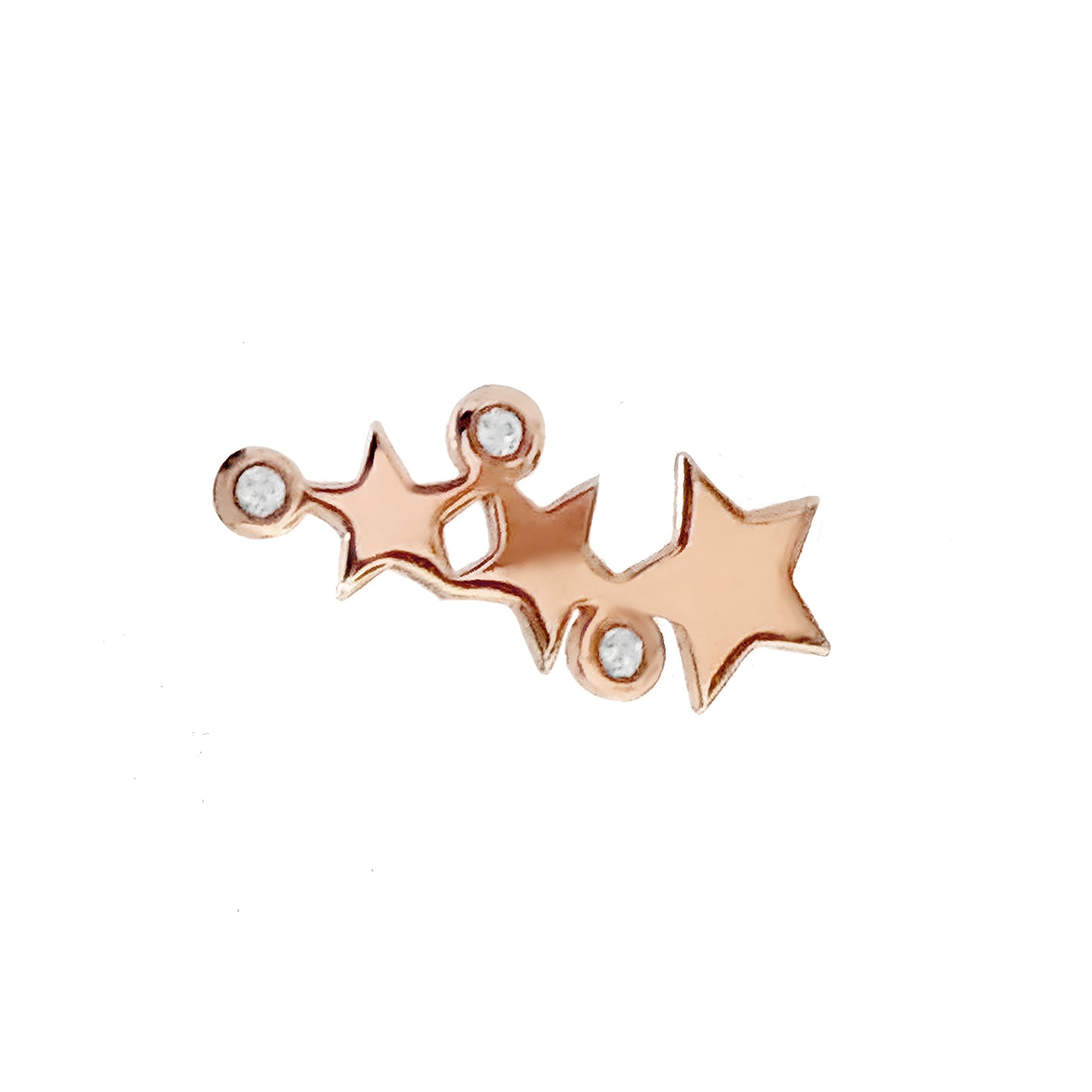 single solid rose gold triple star climber earring with three tiny diamonds for left ear