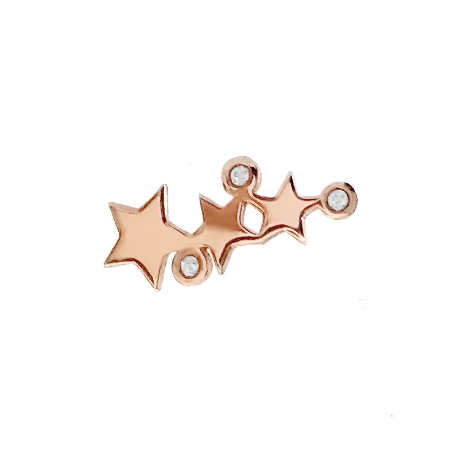 single solid rose gold triple star climber earring with three tiny diamonds for right ear