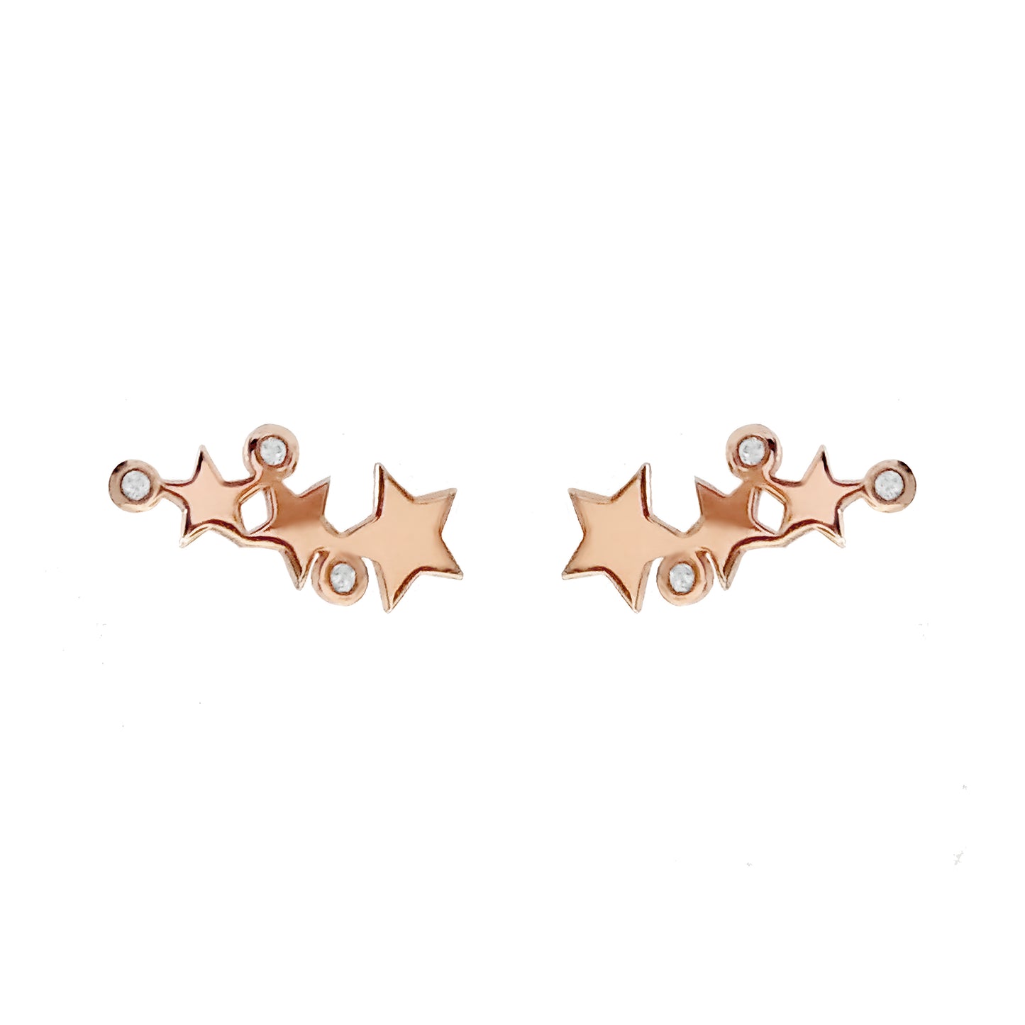pair of solid rose gold triple star climber earrings with three tiny diamonds