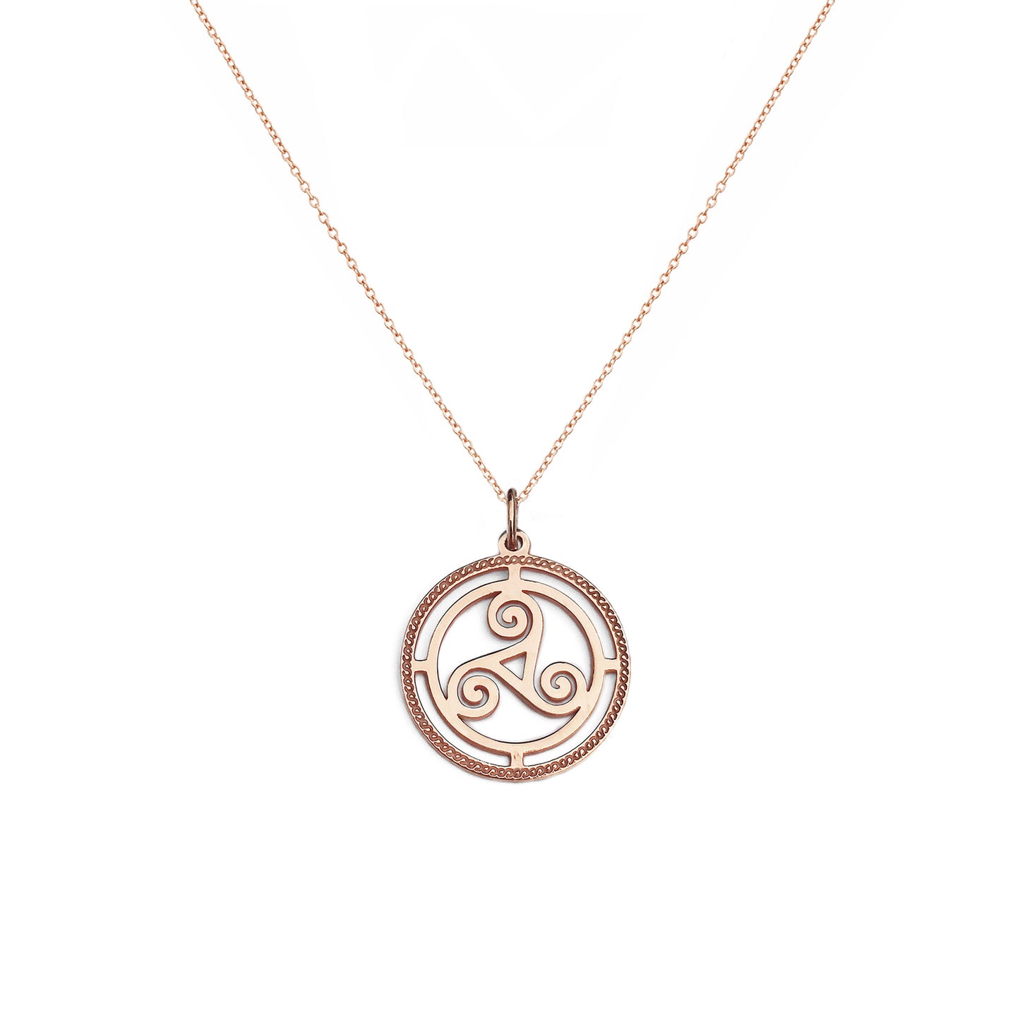 solid rose gold necklace with a cutout triskelion celtic knot pendant and an engraved frame