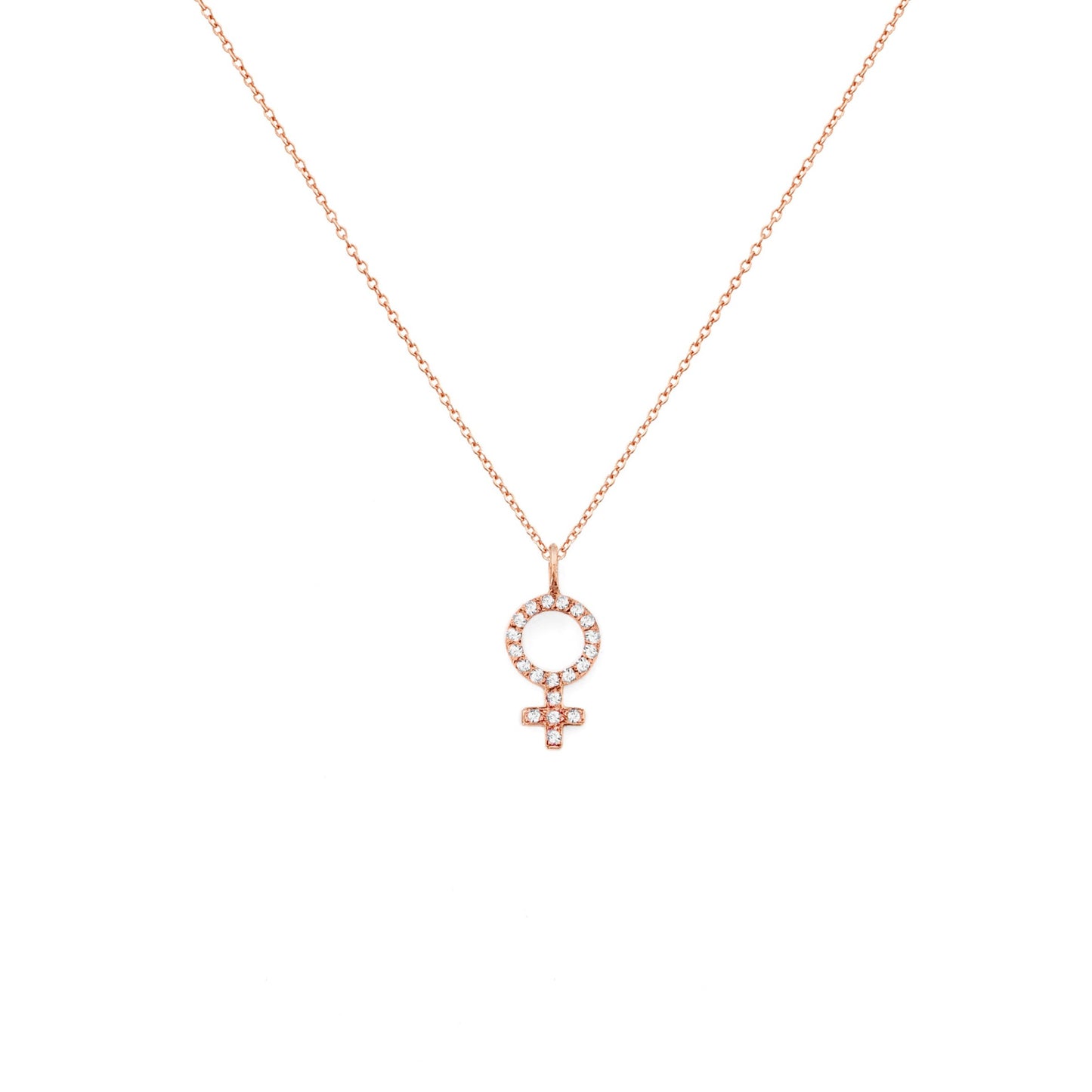 solid rose gold necklace with a female venus symbol charm set with white diamonds