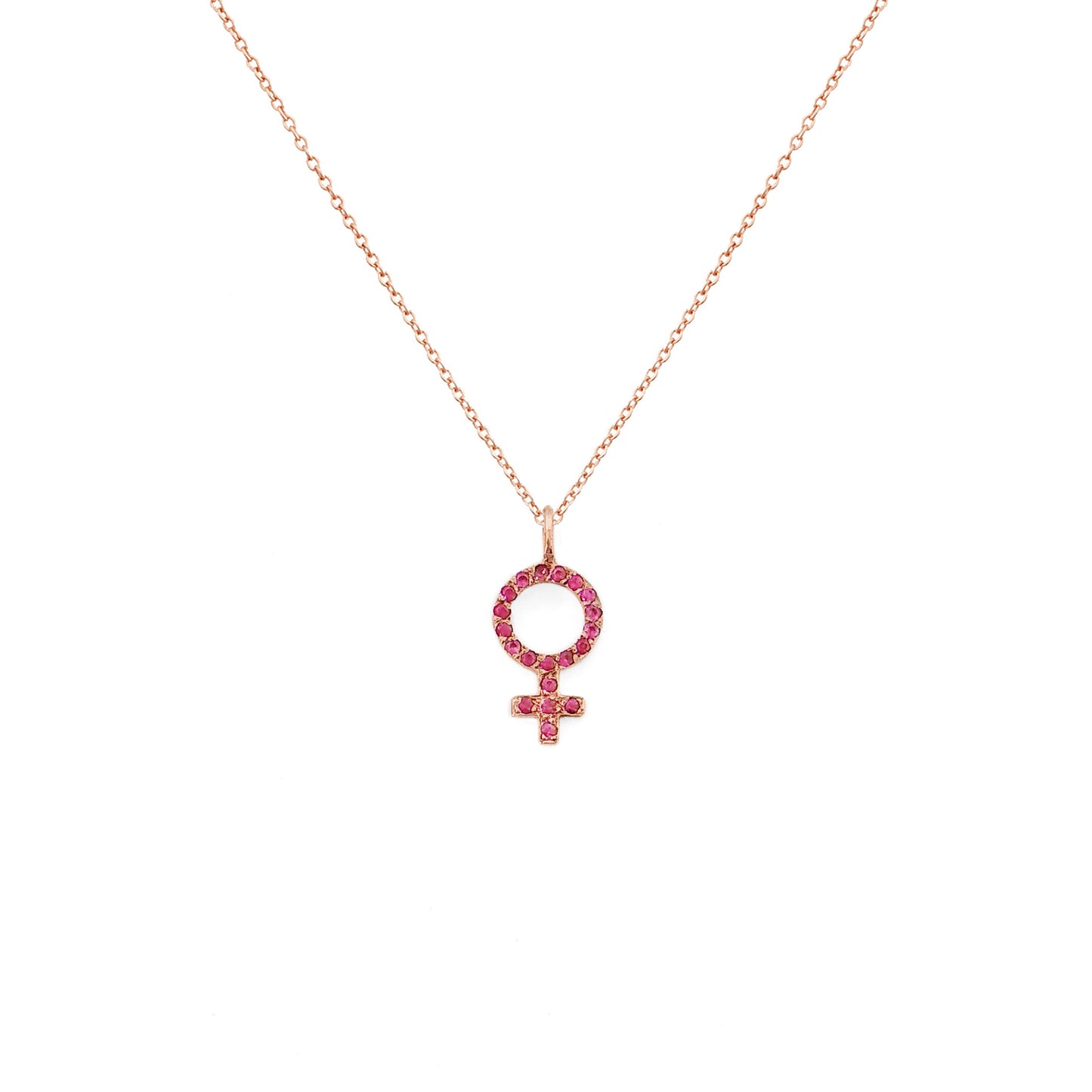 solid rose gold necklace with a small venus female symbol pendant set with Rubies