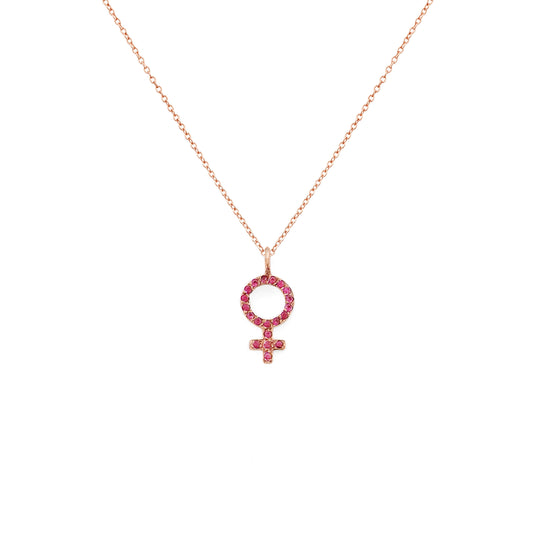 solid rose gold necklace with a small venus female symbol pendant set with Rubies