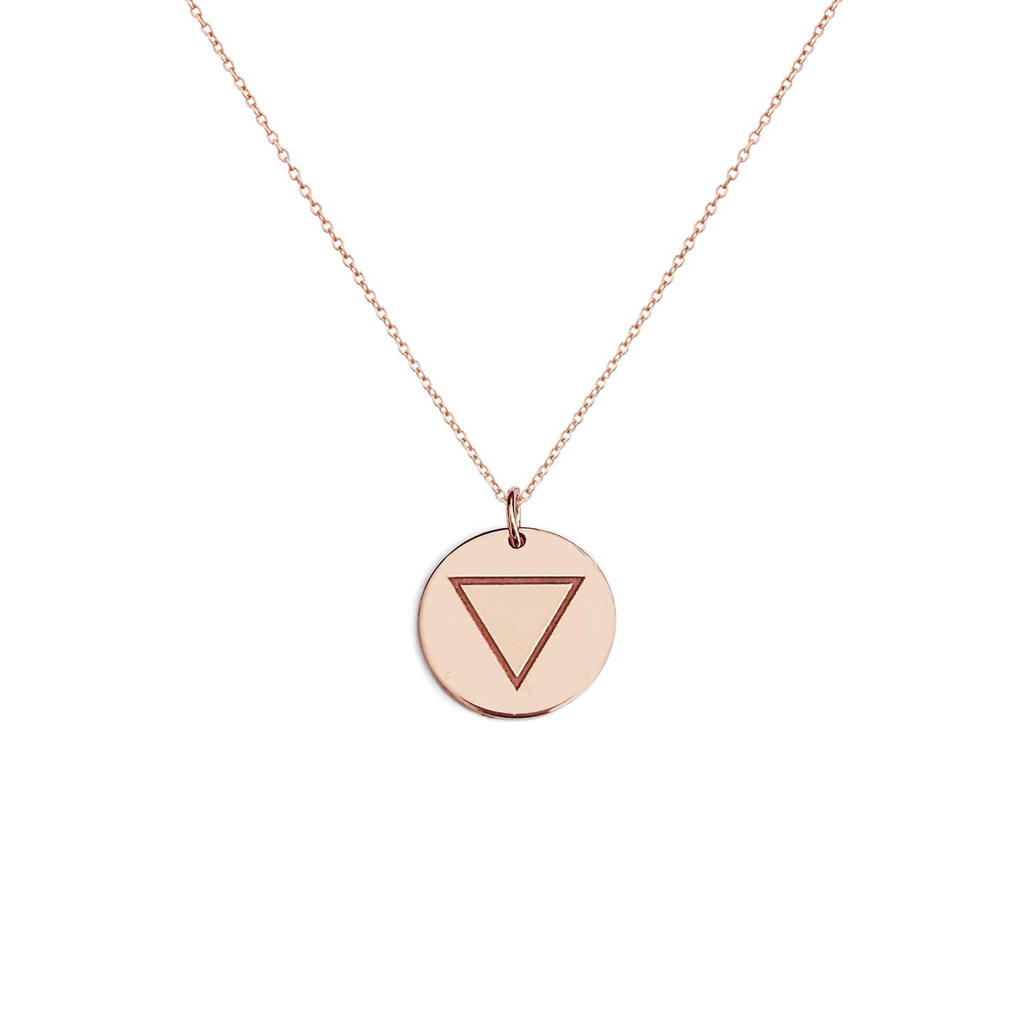 solid rose gold necklace with a 14mm disc pendant engraved with the water element