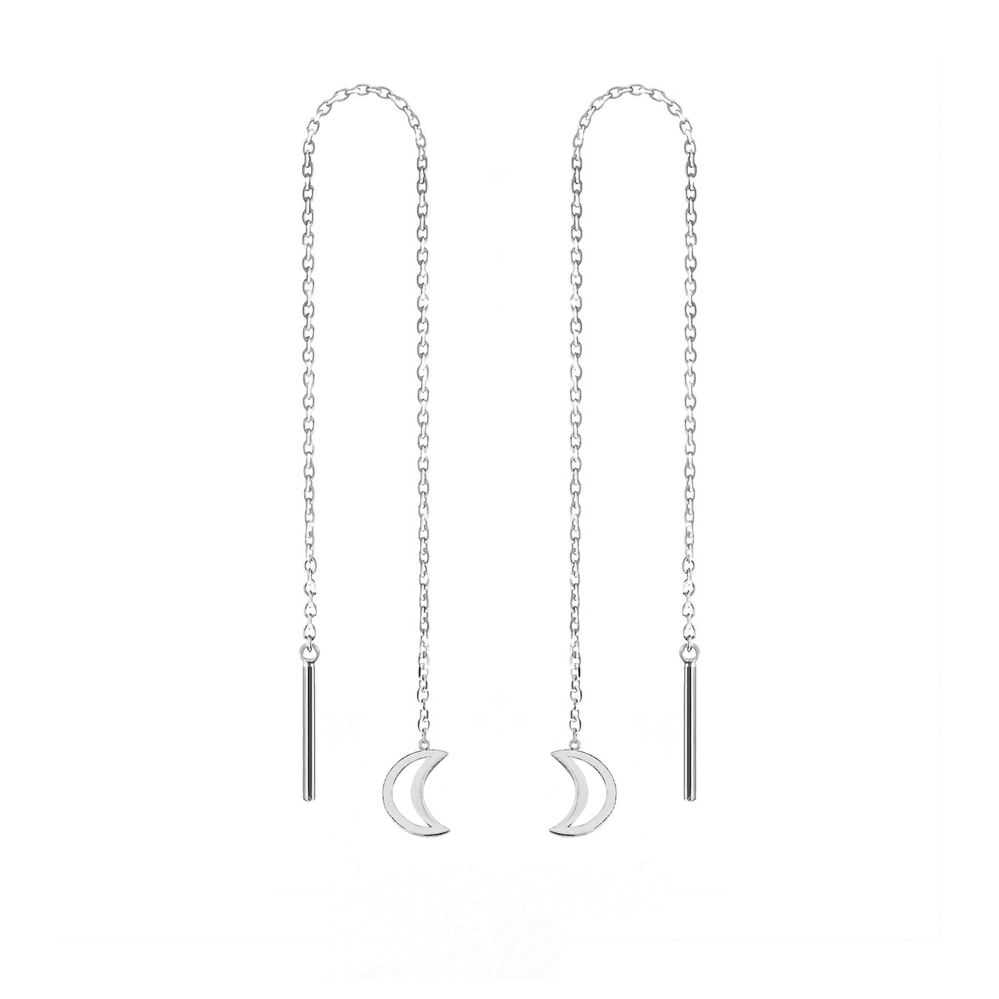 pair of solid white gold threader pull through earrings with tiny crescent moons