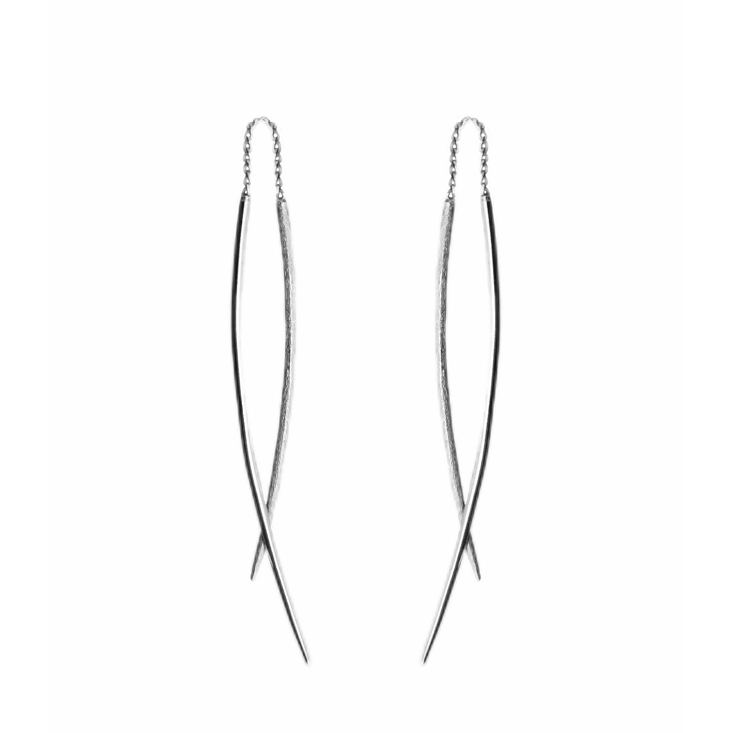 a pair of solid white gold swing threader earrings with one matte curved bar and one longer polished curved bar