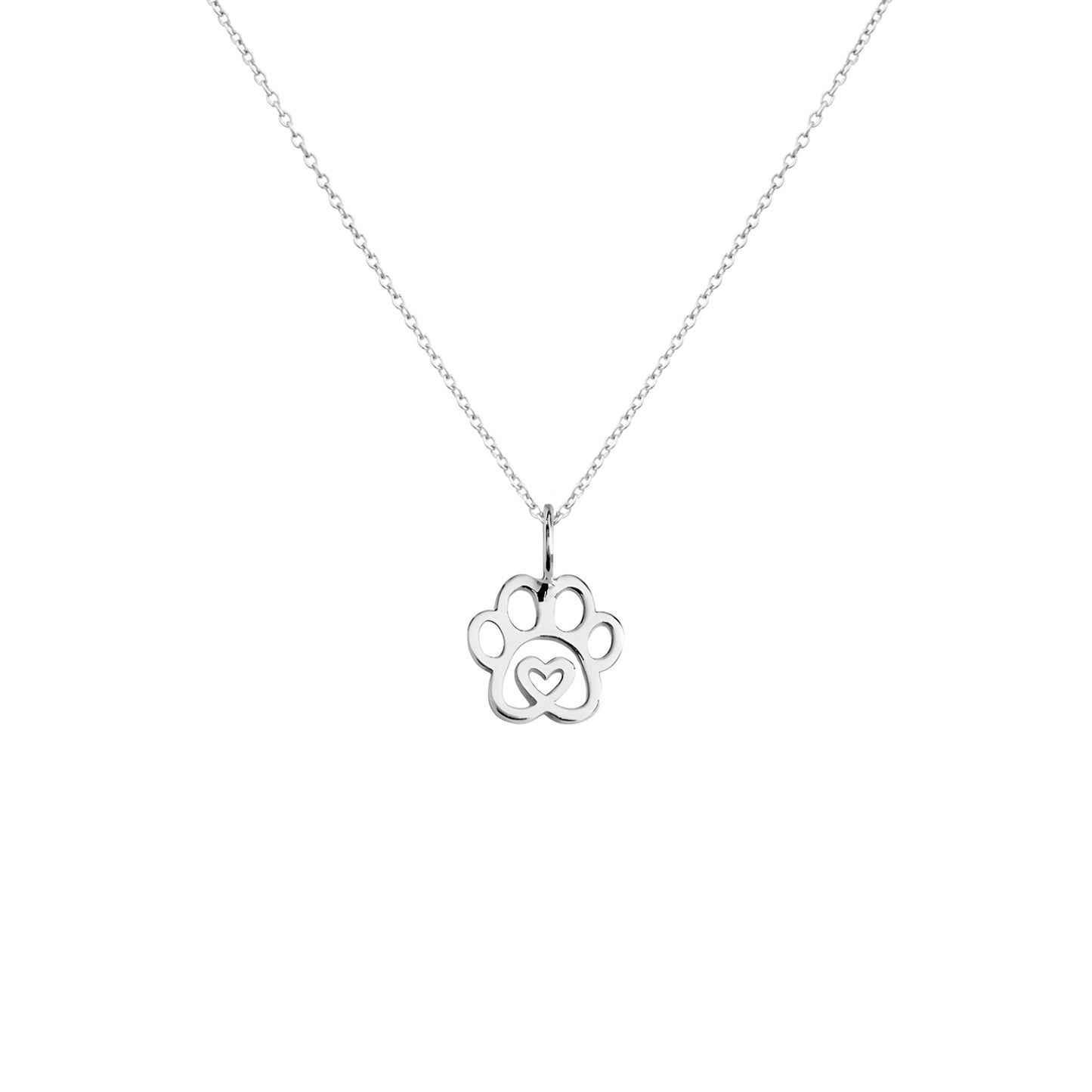 solid white gold necklace with a tiny dog paw print pendant with a heart in the center