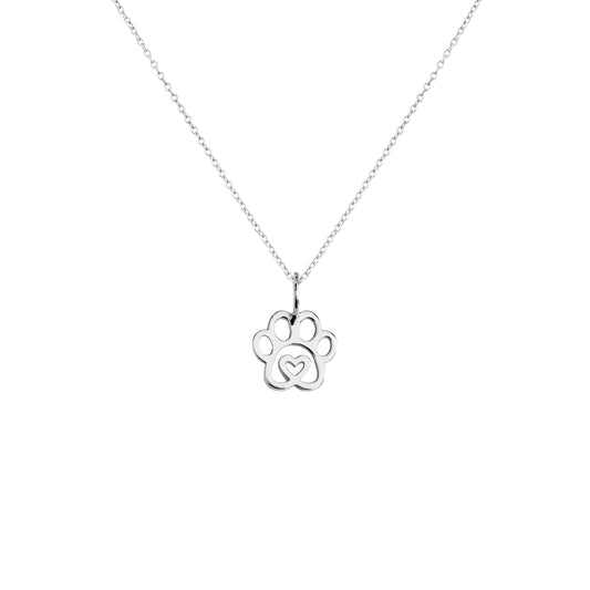 solid white gold necklace with a tiny dog paw print pendant with a heart in the center