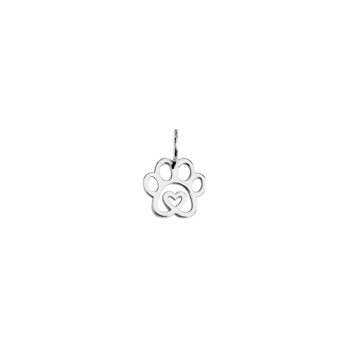 tiny solid white gold dog paw print pendant with a heart in the center