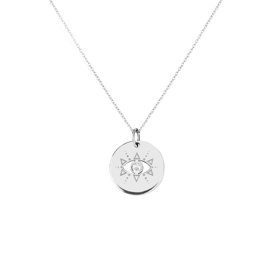solid white gold evil eye disc pendant necklace set with a diamond in the center