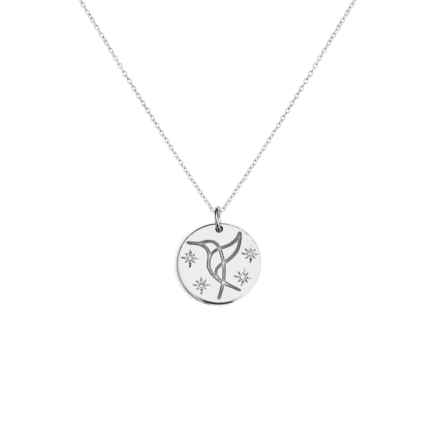 solid white gold necklace with 14mm disc pendant engraved with a hummingbird and set with four white diamonds with a star setting