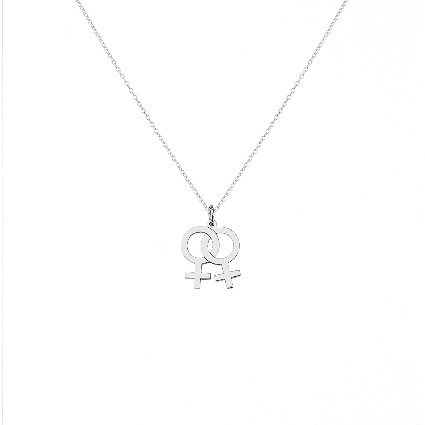 solid white gold necklace with a small double female/Venus lesbian symbol pendant