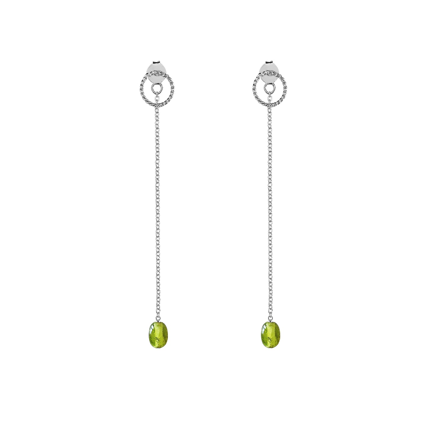 pair of solid white gold jacket earrings with a small twisted circle stud on the front and a long chain with a peridot bead at the end dangling on the back