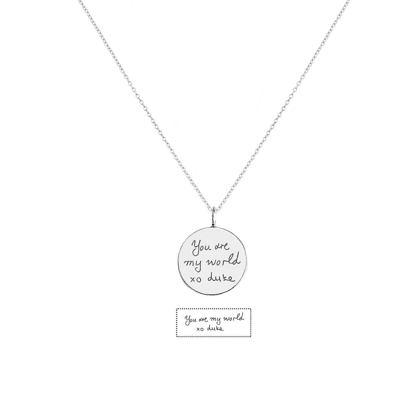 solid white gold necklace with a round pendant with custom handwritten engraving