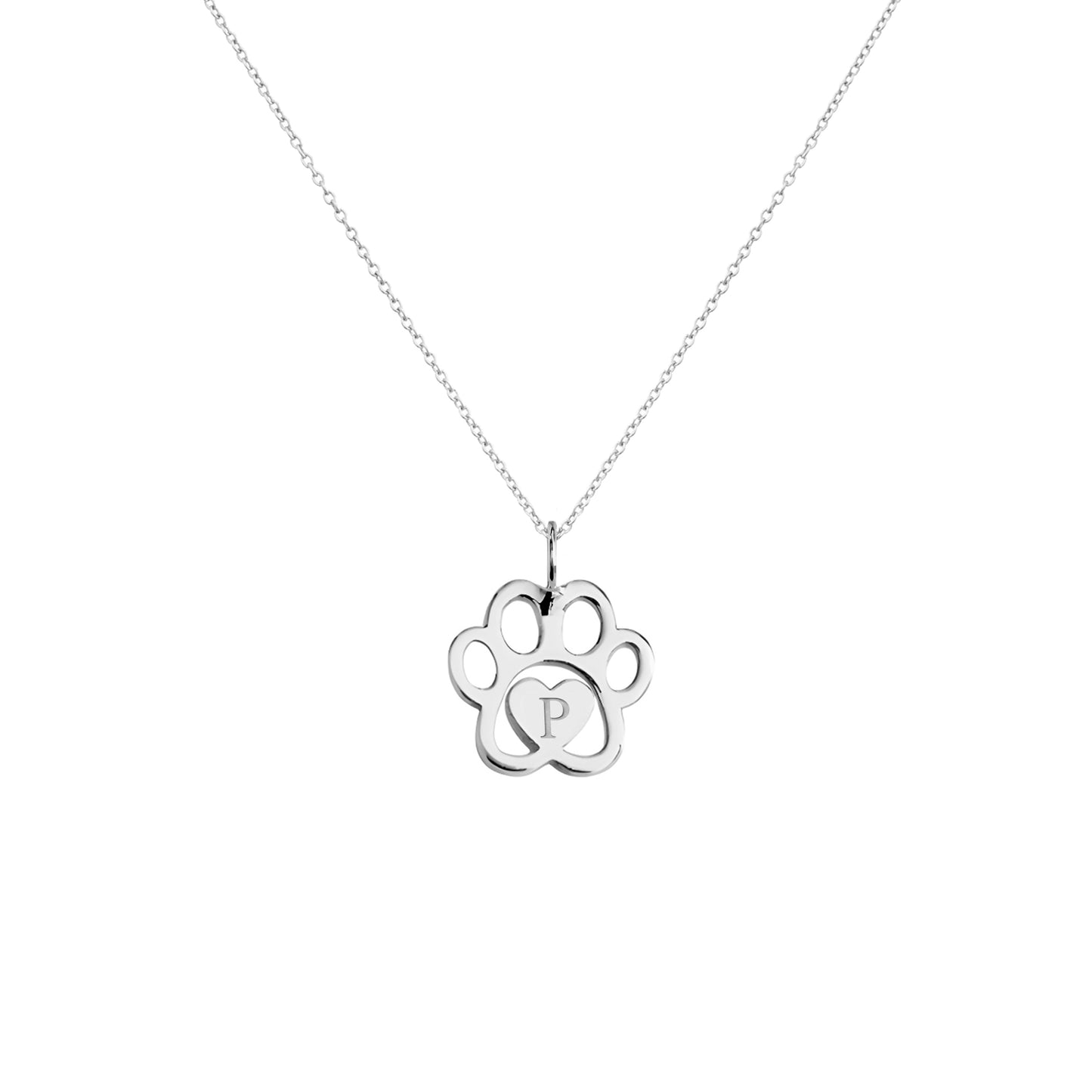 solid white gold necklace with a dog paw print pendant engraved with a monogram