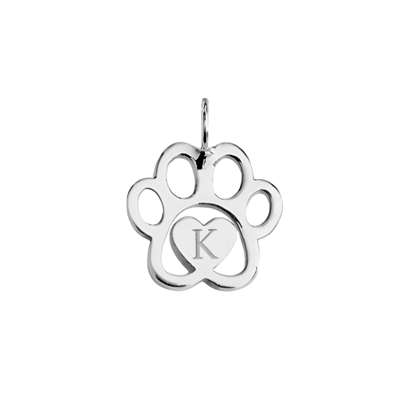 solid white gold dog paw print pendant engraved with a monogram