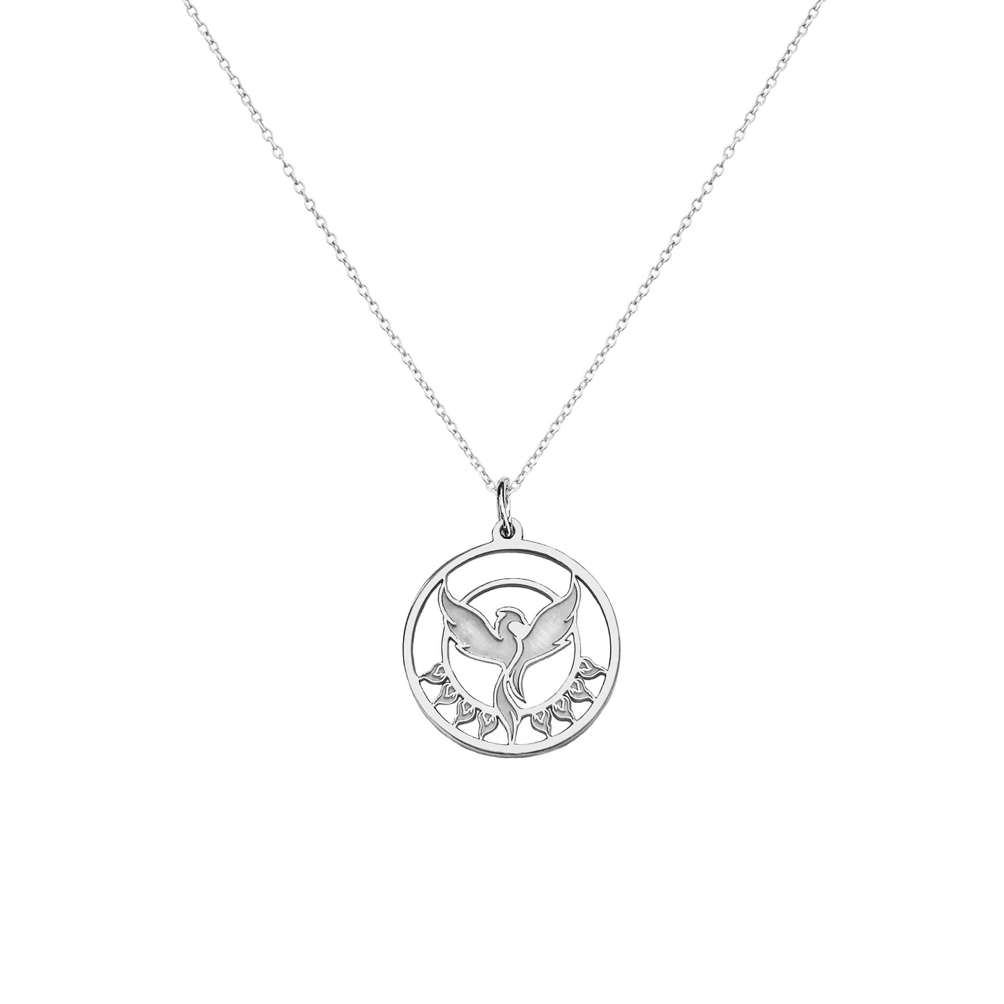 solid white gold necklace with a cutout phoenix rising pendant with tiny flames 15.4mm diameter