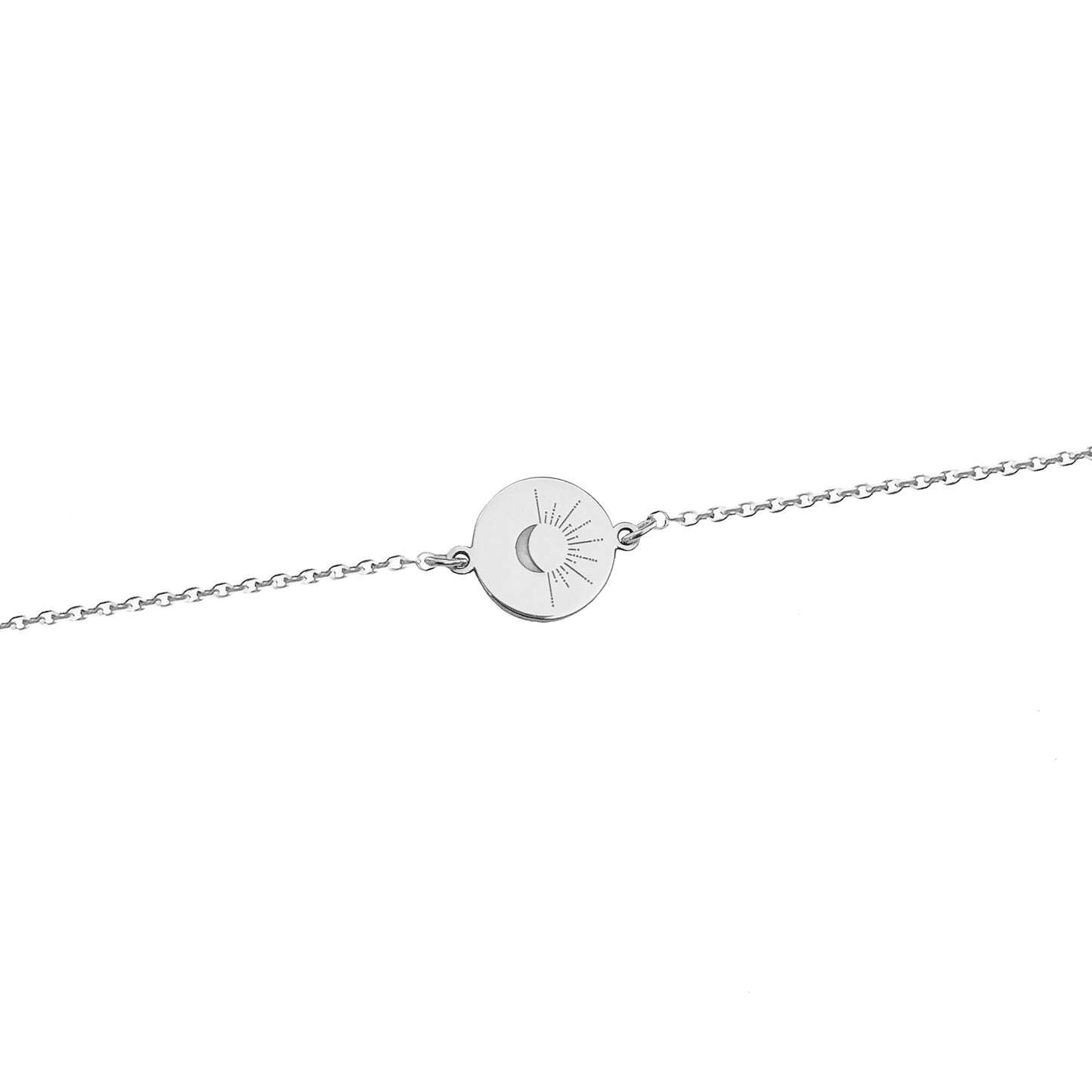solid white gold disc charm bracelet engraved with a crescent moon and sun rays