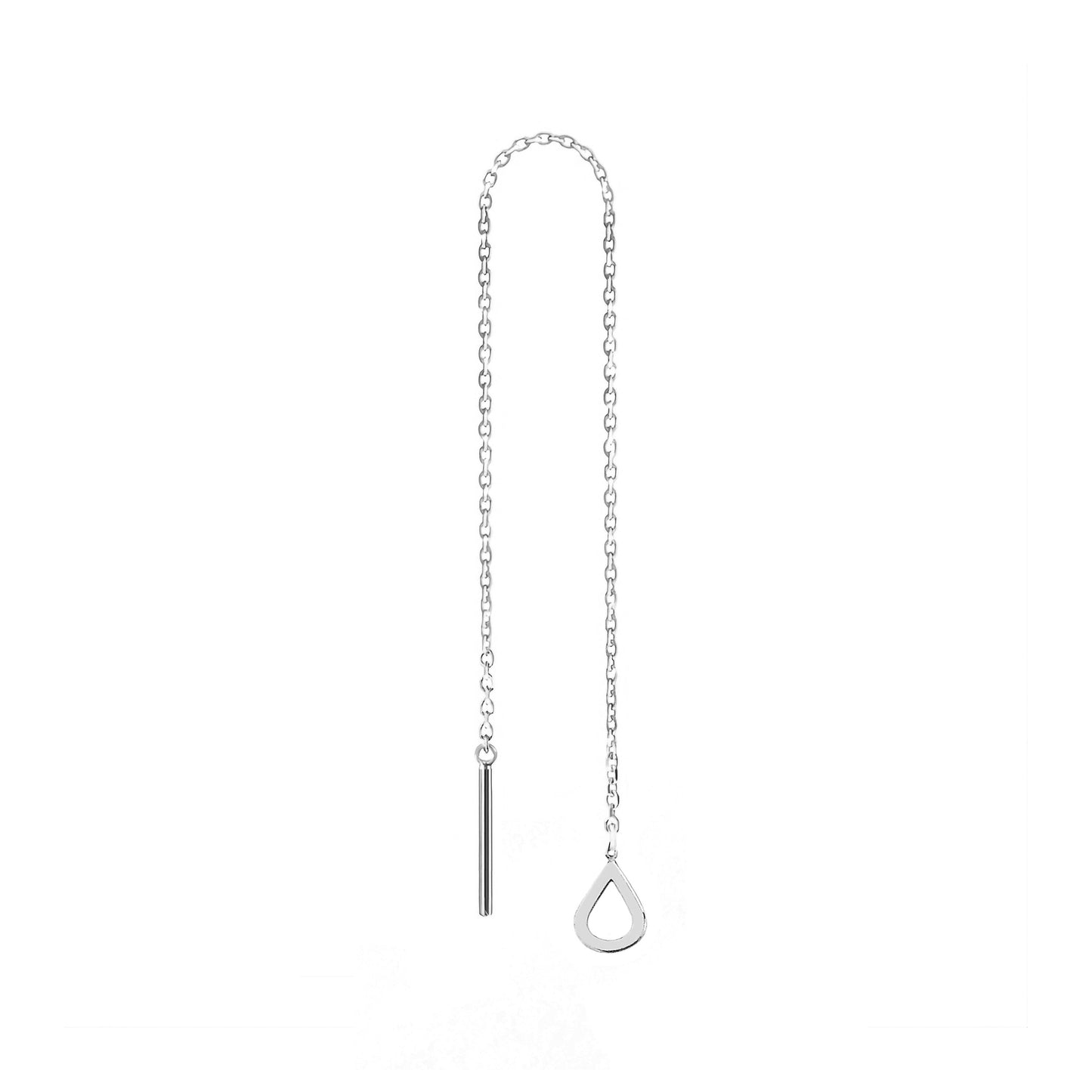 solid white gold single threader pull through earring with a tiny teardrop