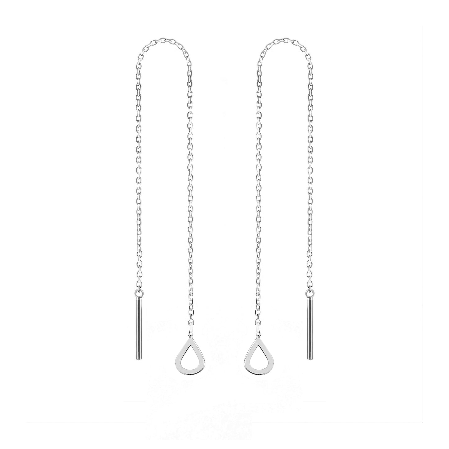 pair of solid white gold threader pull through earrings with tiny teardrops