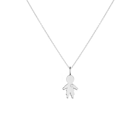solid white gold necklace with tiny boy outline charm set with tiny diamond