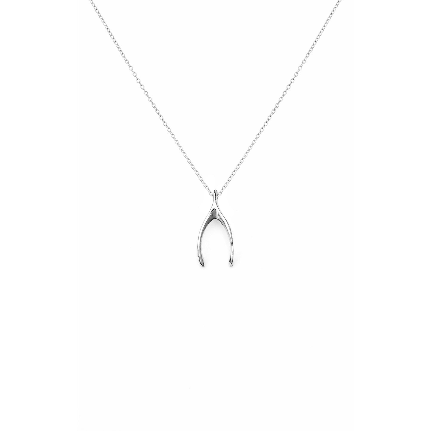 solid white gold necklace with a tiny wishbone charm