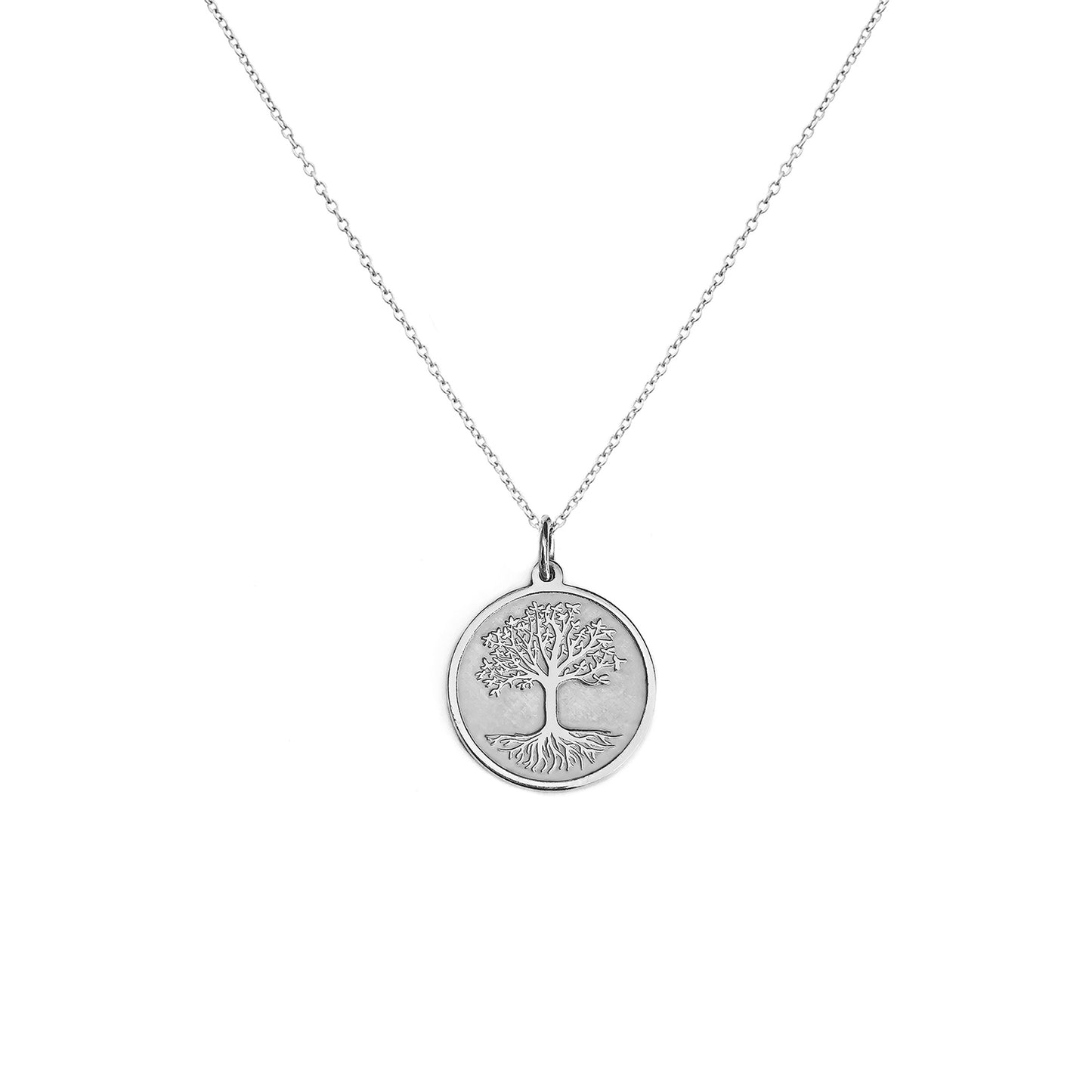 solid white gold necklace with a 14mm disc pendant engraved with a Tree of Life