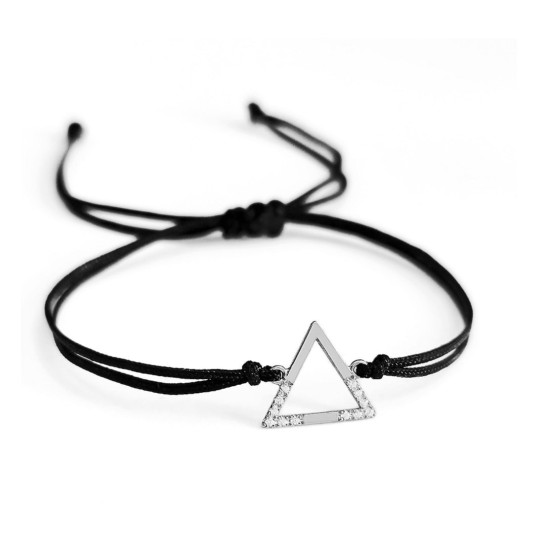 solid white gold macrame bracelet with a small triangle charm set with 12 white diamonds on its two corners